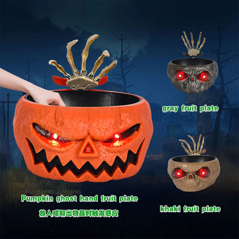 Plastic Halloween candy bowl with motion-activated skeleton hand and lighted red eyes in Grey, Khaki or Pumpkin colour