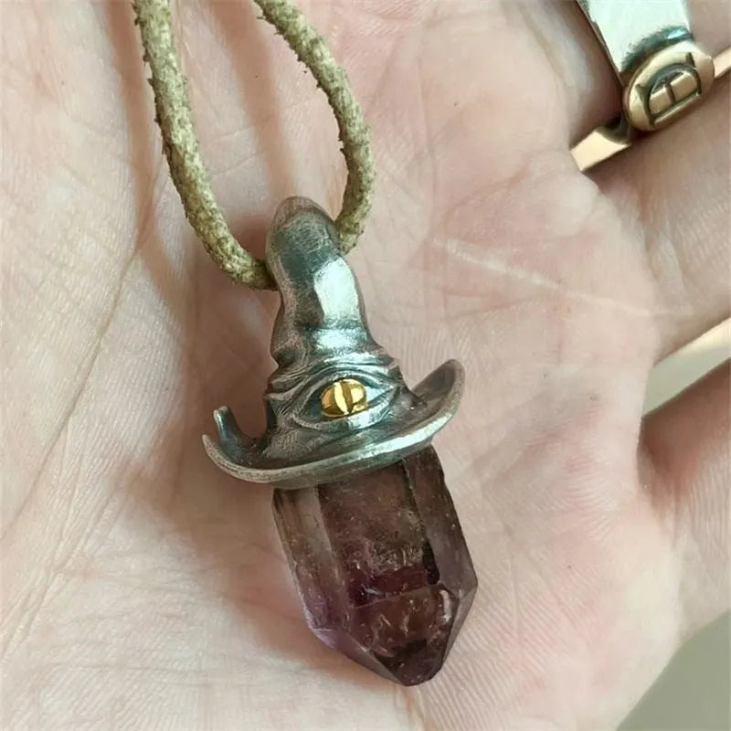 Retro natural amethyst hexagonal witch hat pendant necklace on cowhide rope, crystal centrepiece