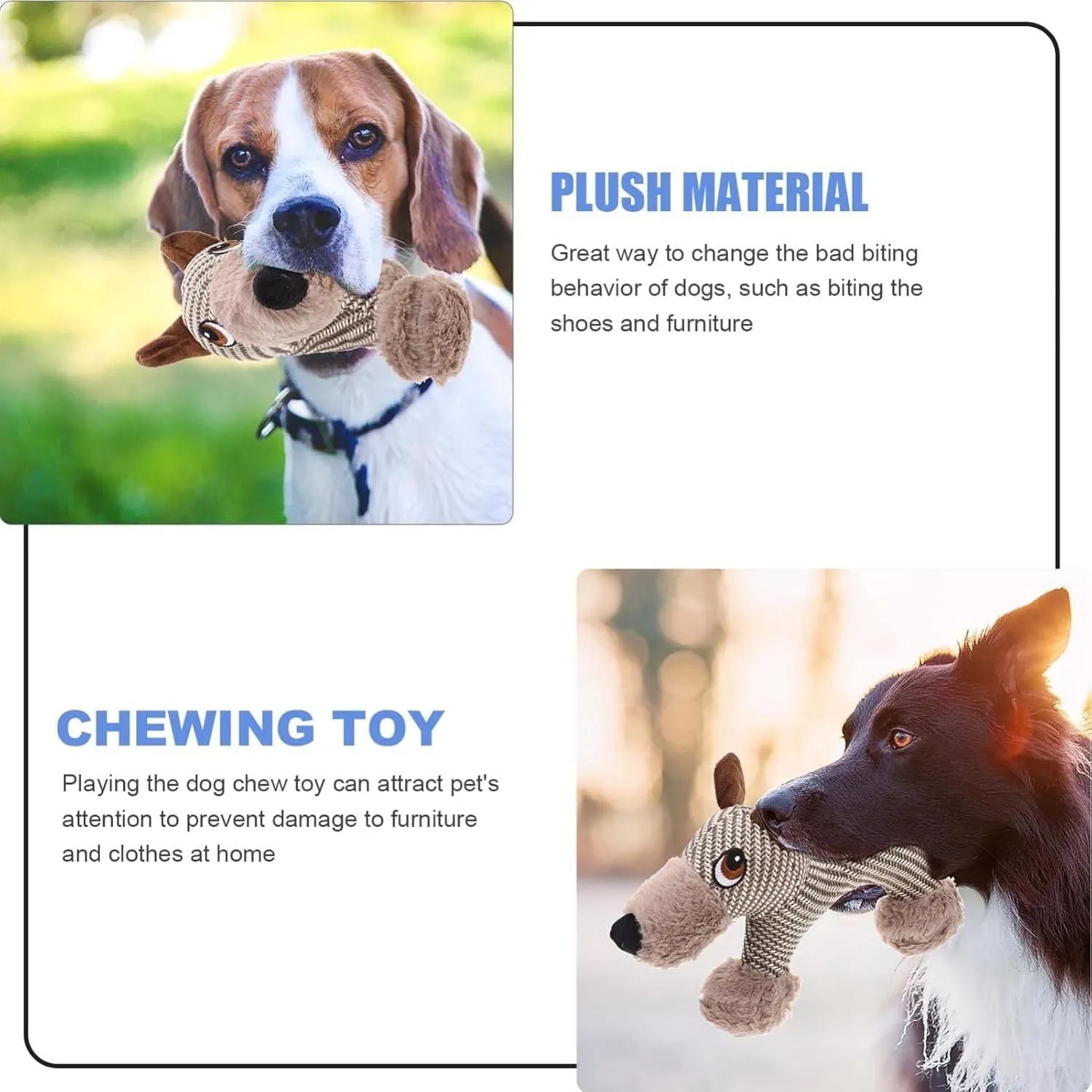 Monkey and puppy design plush dog toys with squeakers for large dogs