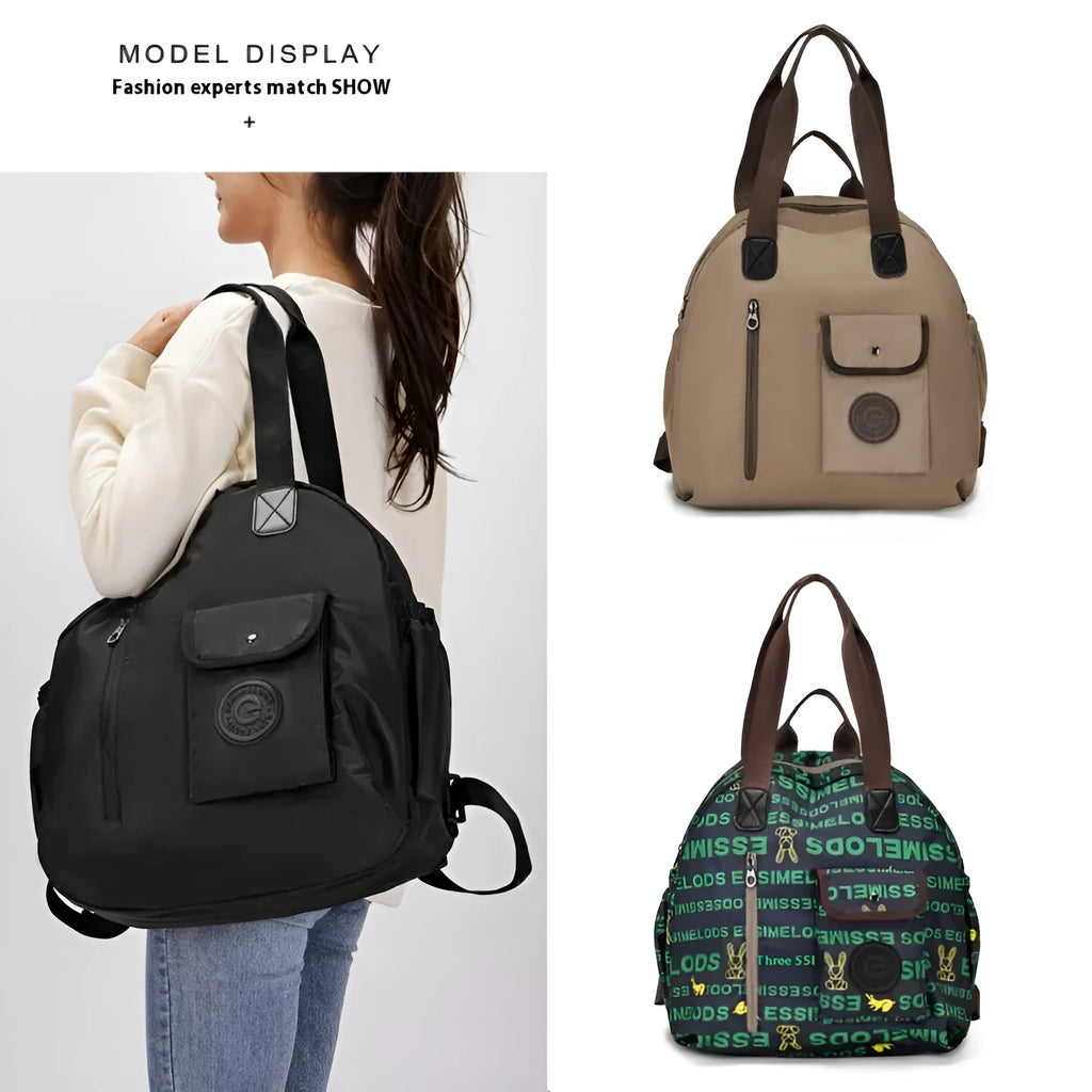 Large black nylon backpack with a front sandwich pocket, shown next to a khaki and a green graphic version.
