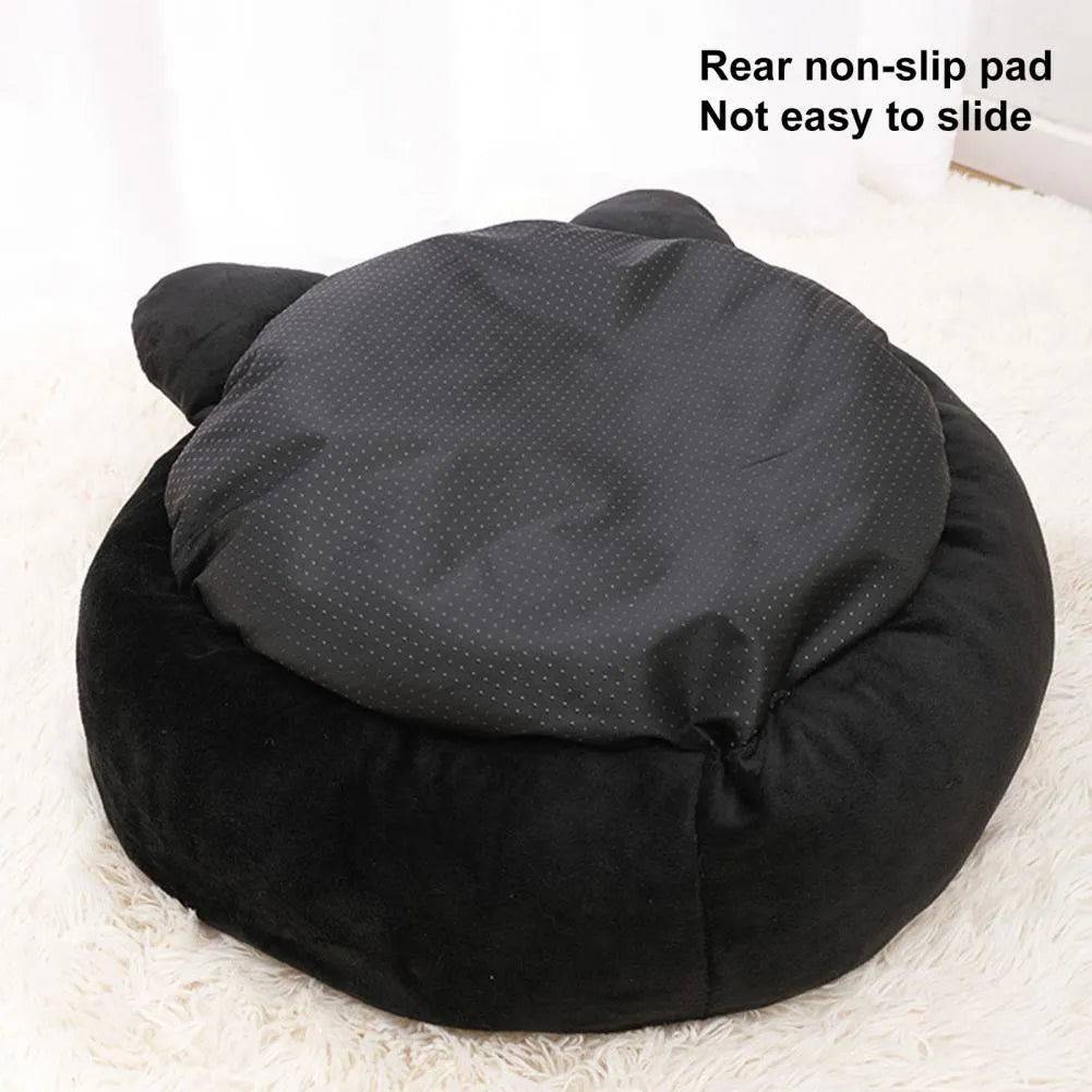 Black cat-shaped velvet pet nest bed with raised edges in two size options