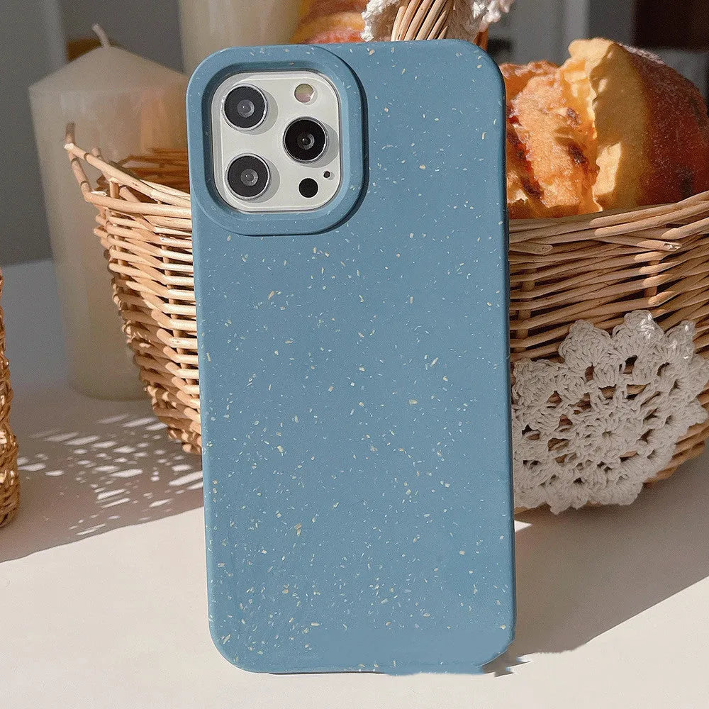 Fully degradable wheat straw phone case for Apple iPhone on a white background.
