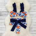 Women's high waisted bikini swimsuit with blue leaf orange floral print on polyester fabric