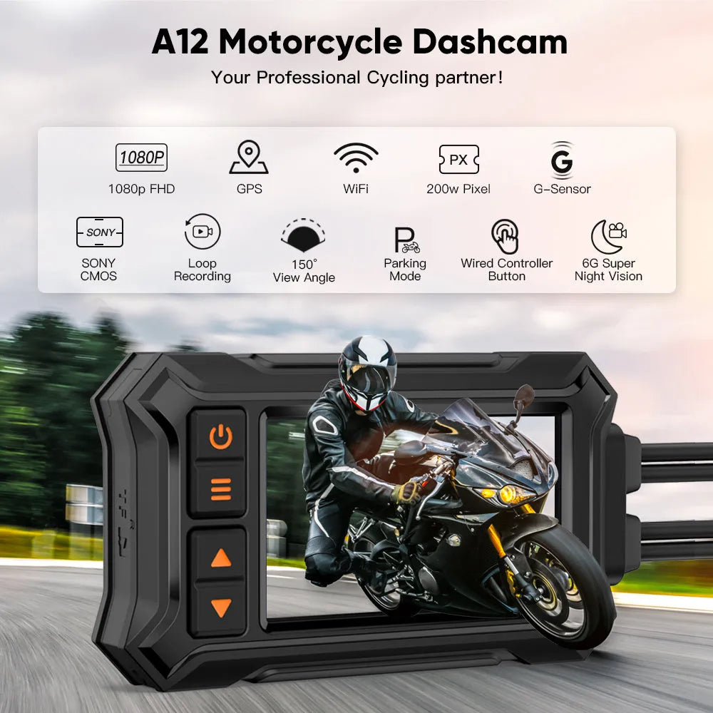 Motorcycle dashcam system with front and rear cameras, 3-inch display, GPS module, and installation cables.