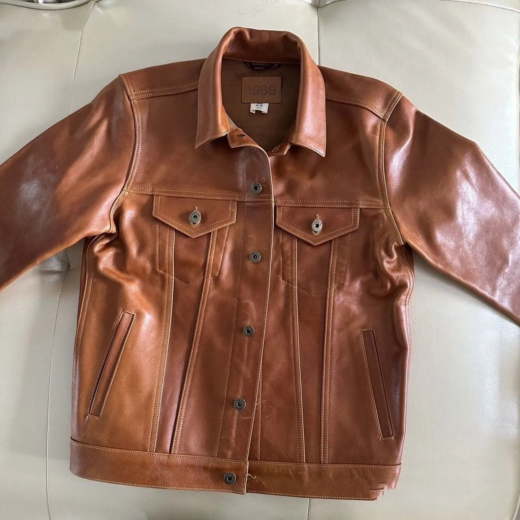 Men's cowhide leather vest jacket ultra-short retro workwear black coffee colour front view