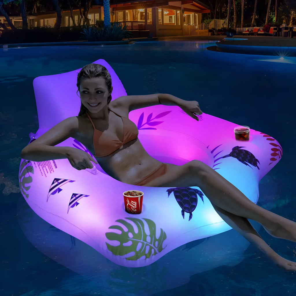 White luminous U-shaped inflatable pool float recliner on water