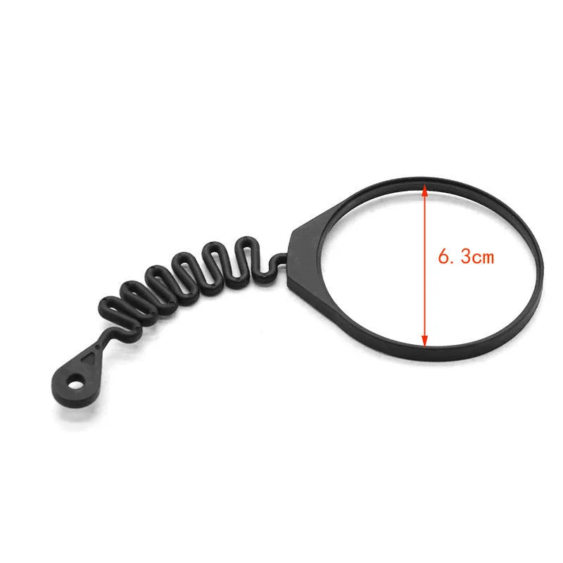 Black rubber Volvo fuel cap tether showing both circle band and separate rope attachment options