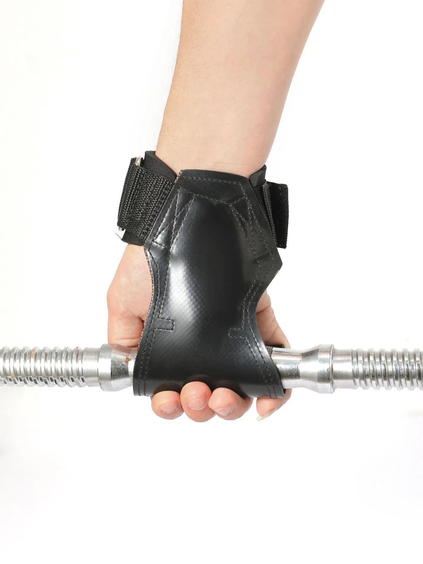 Black rubber palm protection band for weightlifting and rock climbing grip.