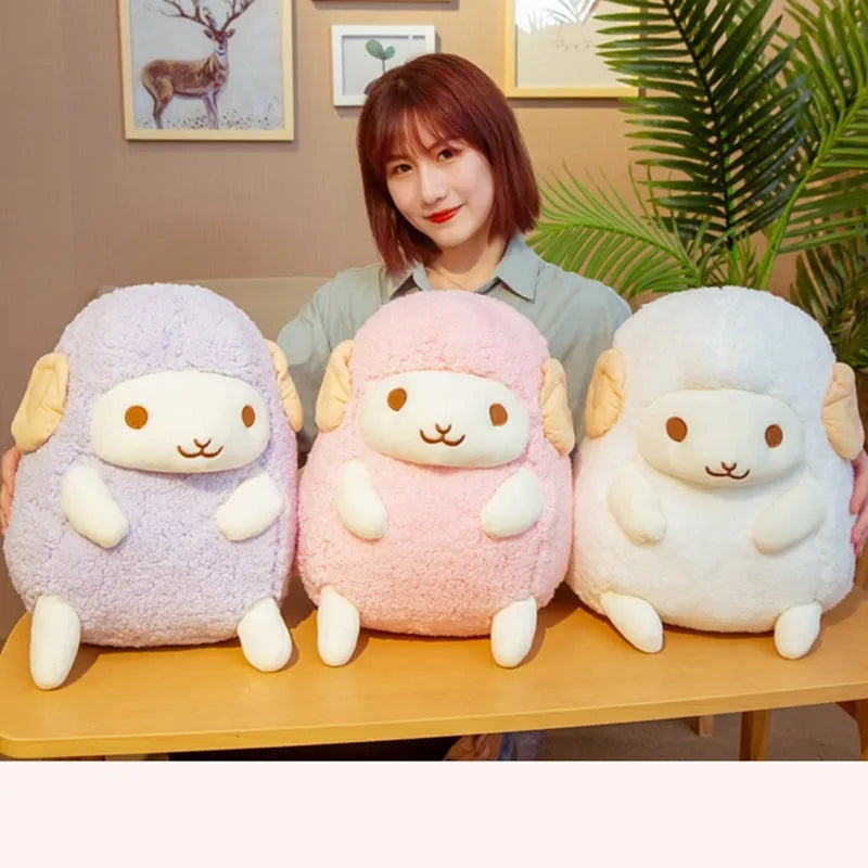 Cute sitting little sheep doll plush toy in pink colour with super soft short plush fabric
