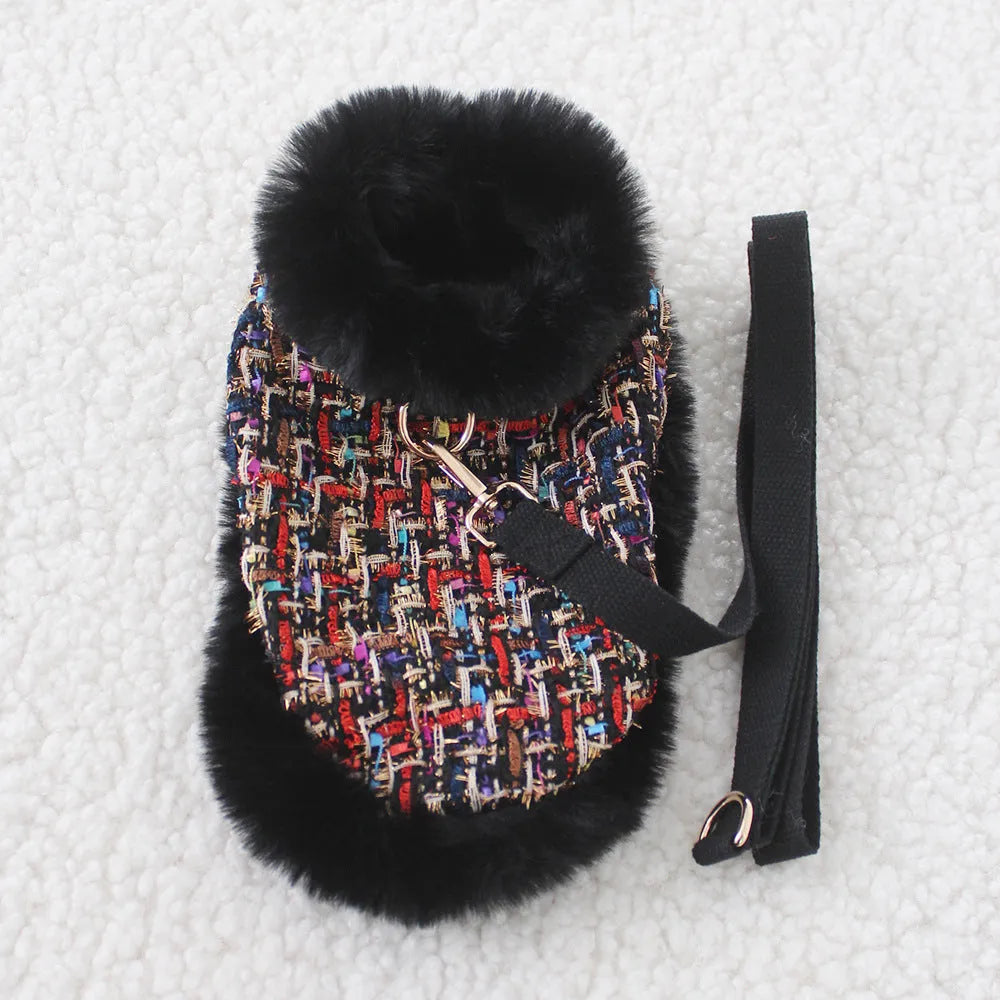 Classic cloth dog cloak attached to a chest harness with a hand-held traction rope lead.