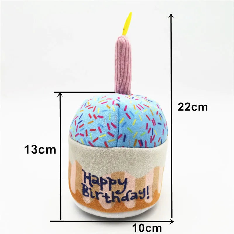 Four-piece dog birthday cake plush toy set including big cake, small cake, gift box, and bone on white background