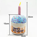 Four-piece dog birthday cake plush toy set including big cake, small cake, gift box, and bone on white background