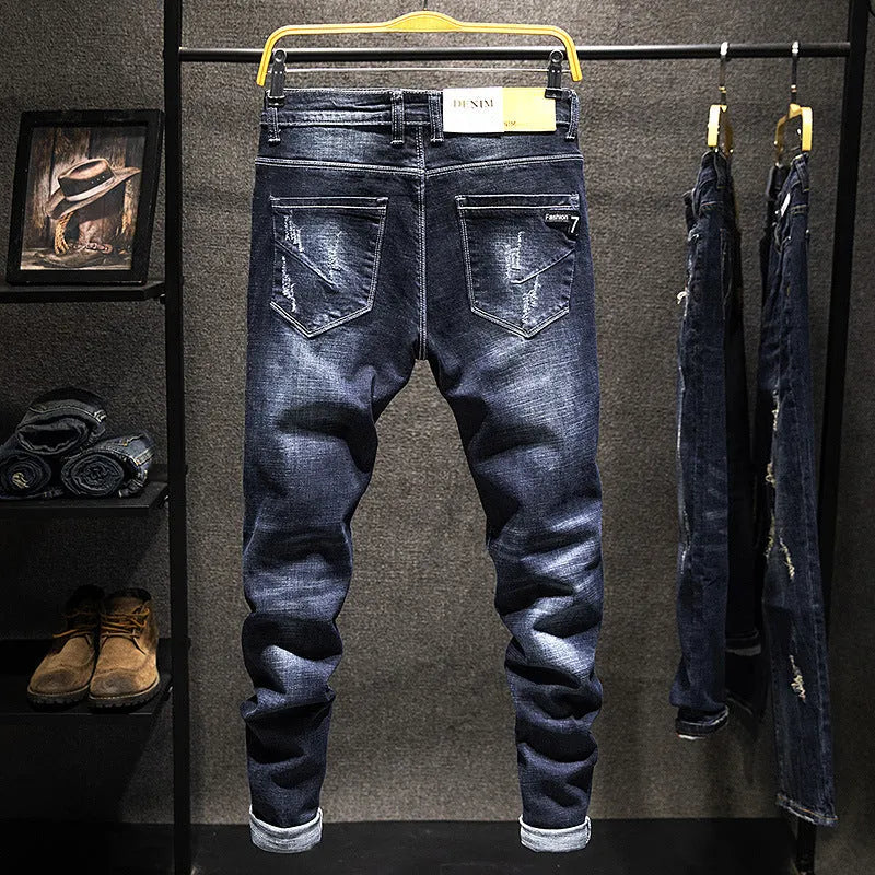 Men's dark blue and light blue slim-fitting skinny jeans made from cotton denim.