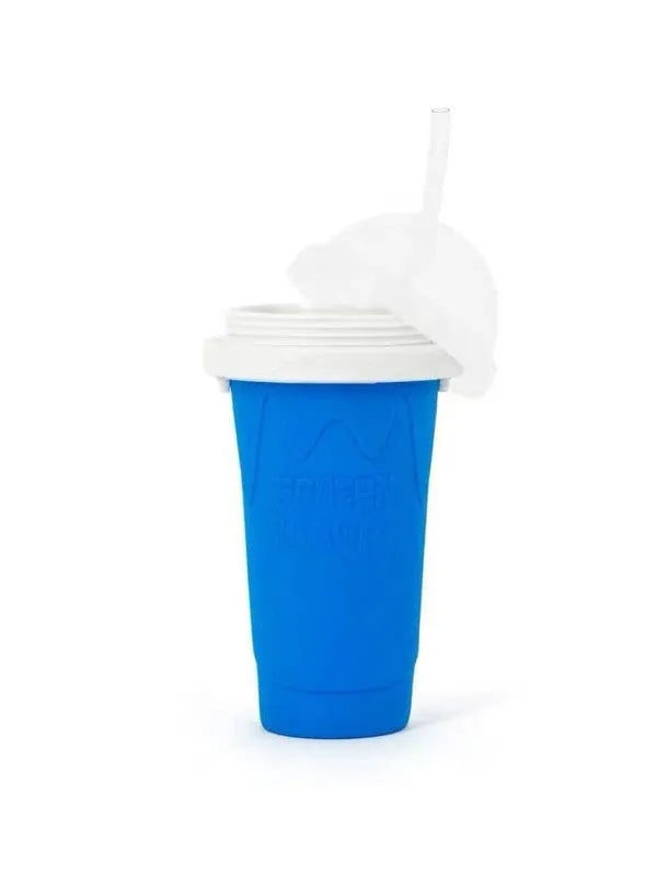 Blue quick refrigeration silicone pinch cup for fast cooling drinks, shown with dimensions.