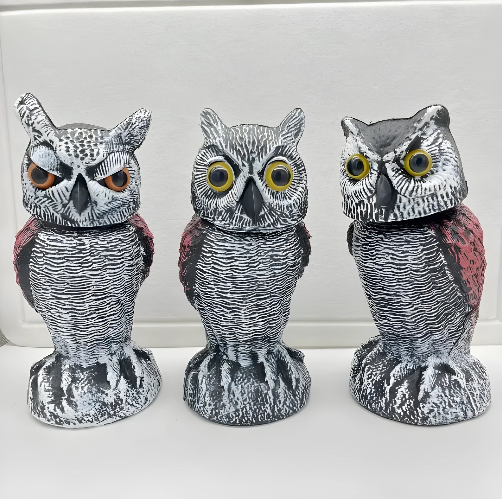 Artificial owl bait ornament with shaking head, made from white PE plastic, showing round ear design.