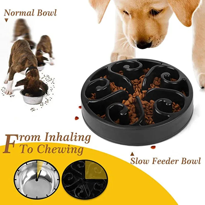 Colour options of an eco-friendly dog slow feeder bowl with maze pattern and non-slip base.