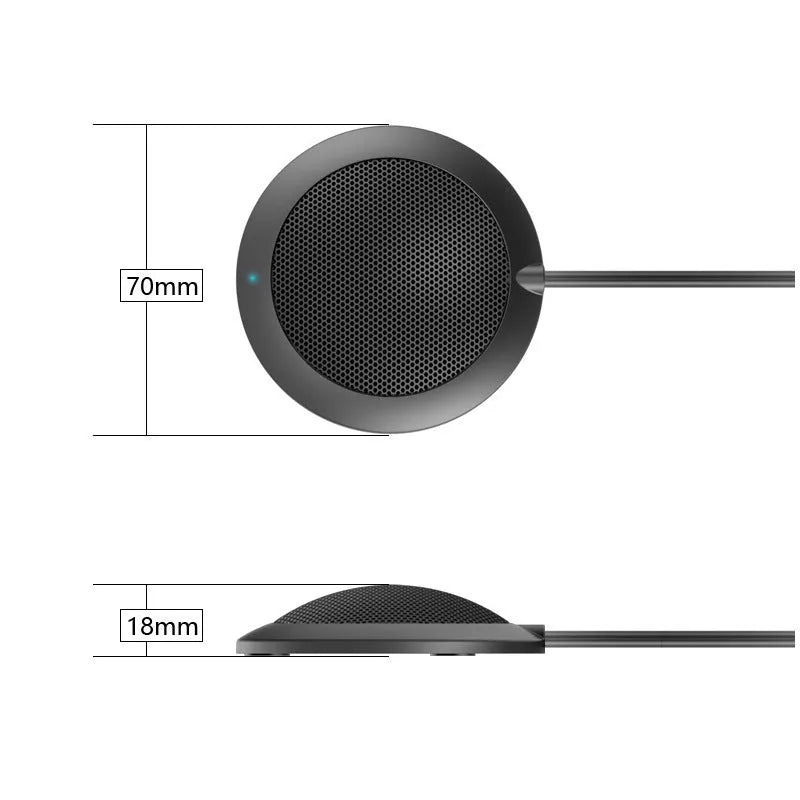 Black USB desktop conference microphone with metal mesh grill and 70mm diameter.