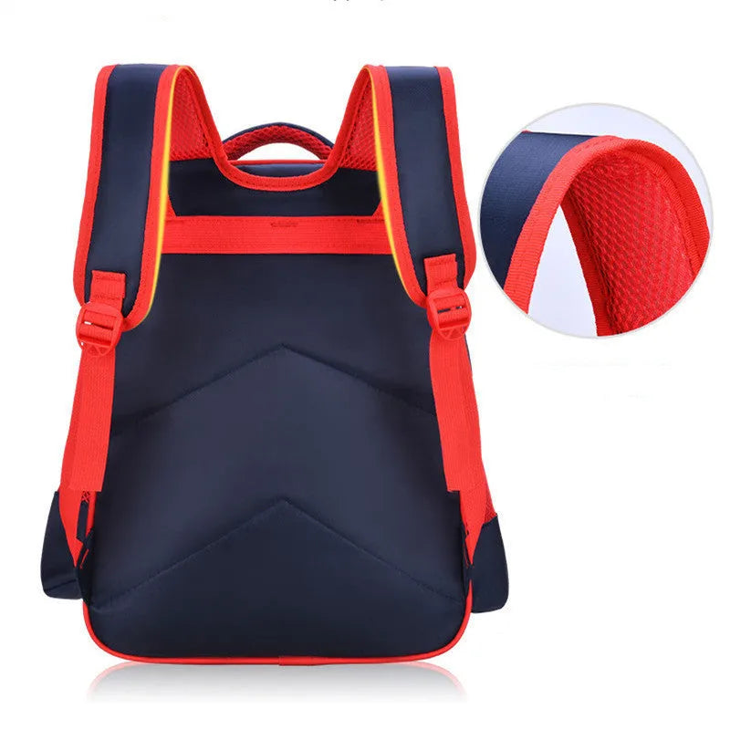 Cartoon print children's nylon backpack in blue colours with a pencil case.