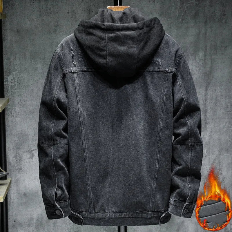 Thick cotton denim jacket for men, hooded lapel, slim fit, plain style, black colour