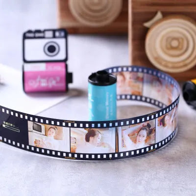Wooden memory film photo storage album box with tote bag in yellow, pink, or blue.
