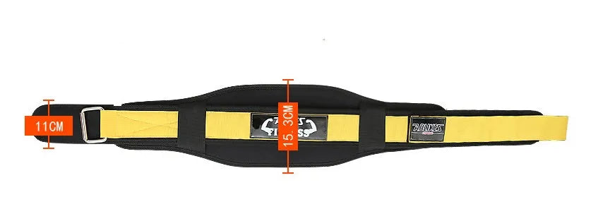 Black nylon fitness weightlifting waistband shown on an adult, adjustable and designed for support.