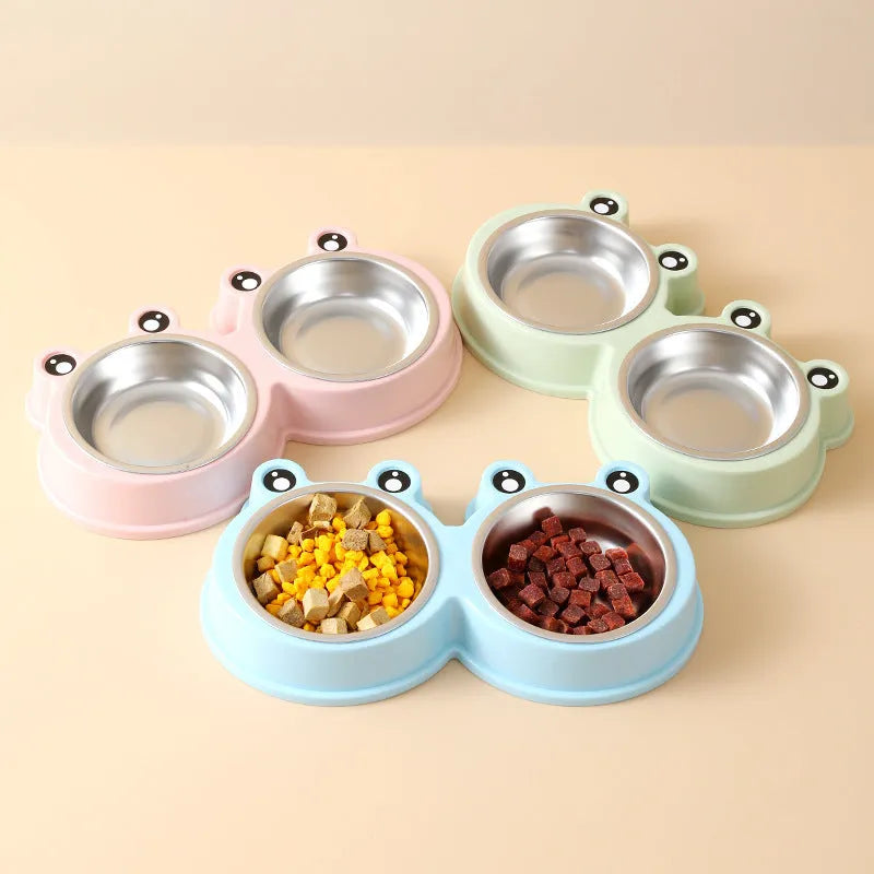Stainless steel pet double bowl with frog design for separate food and water compartments