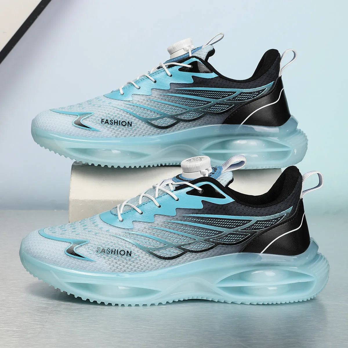 Casual breathable running shoes in sky blue with lace-up front and rubber sole