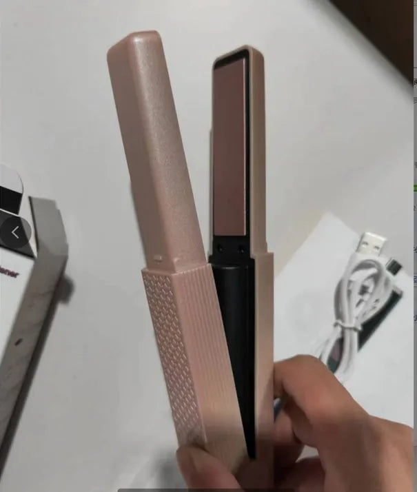 Pink and green cordless USB hair straightener with ceramic plates and digital temperature display.