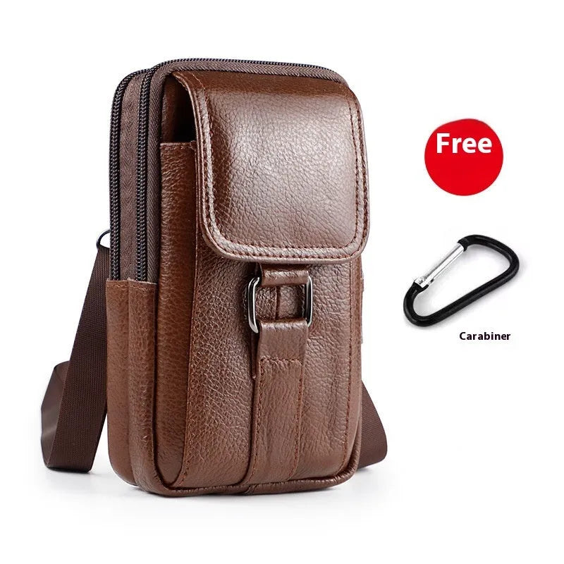 Genuine leather men's vertical square crossbody waist bag with a lock.