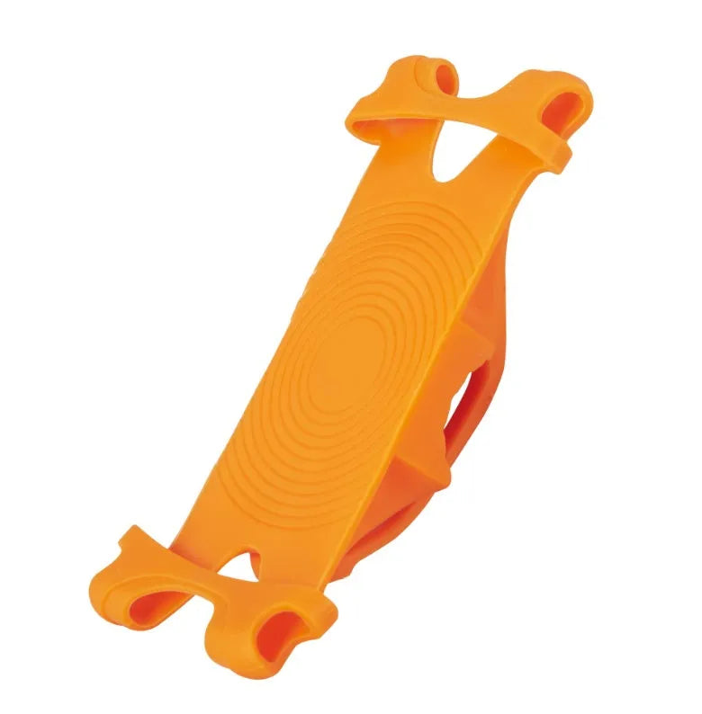 Silicone bicycle phone holder mounted on a handlebar showing its three-hole adjustment system.