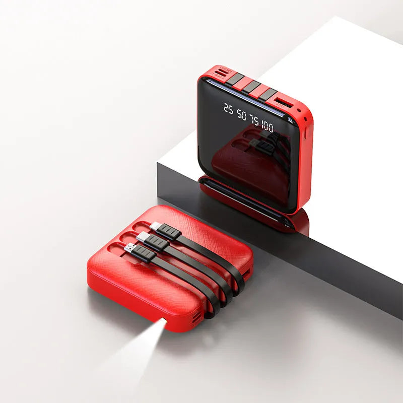 Black power bank with integrated charging cable showing compact 80x80x23mm dimensions