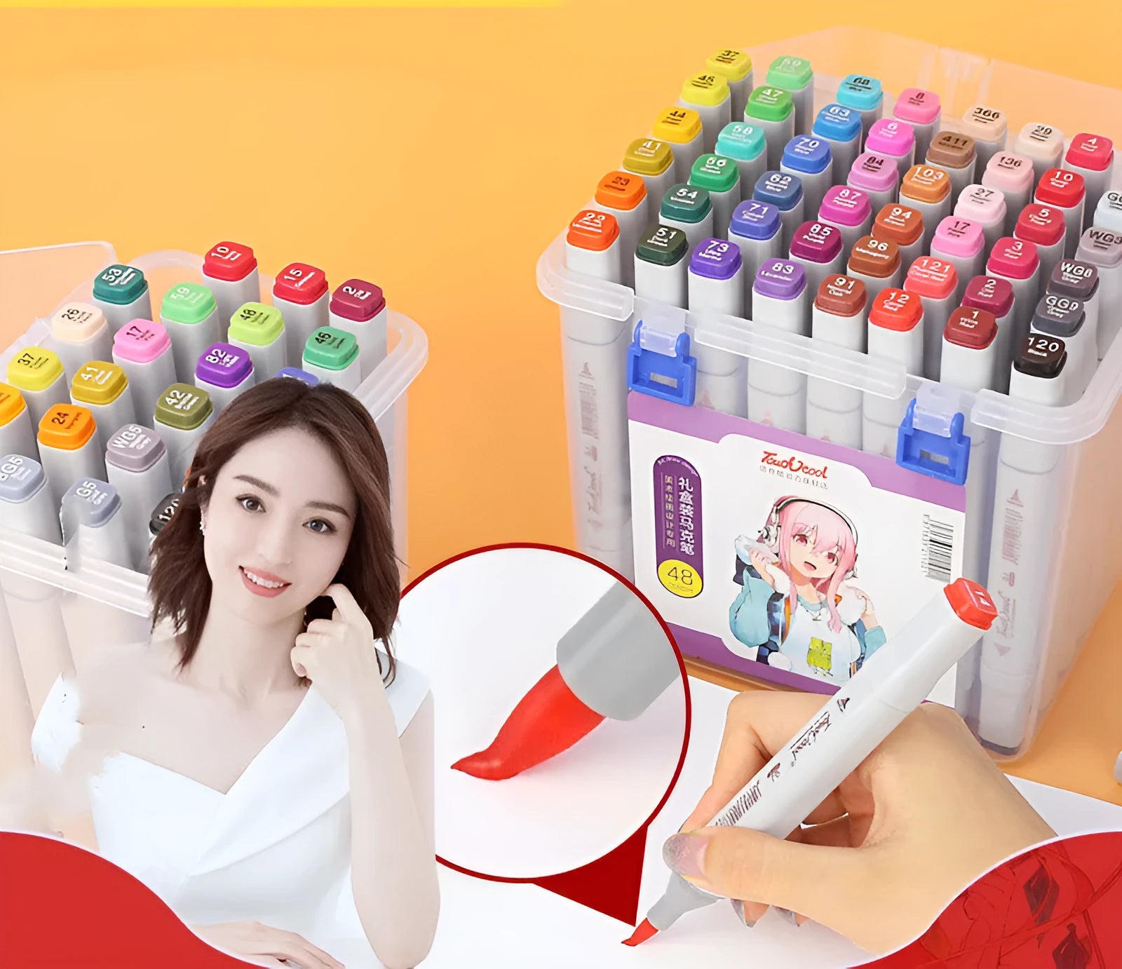 48 colour oily soft-tip marker set with square rods and round and oblique head tips for hand-painted designs