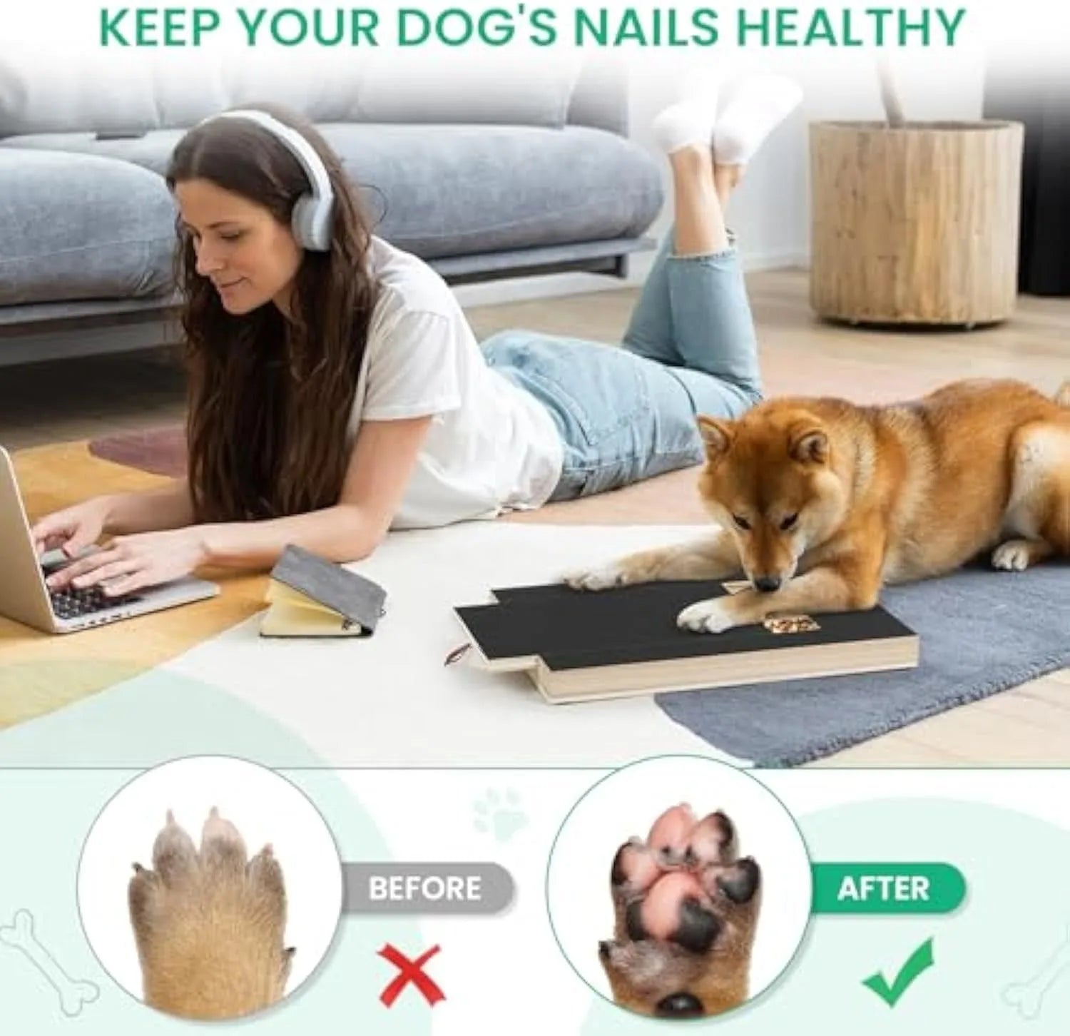 Wooden dog nail scratch board with treat drawer and four non-slip pads on a floor.
