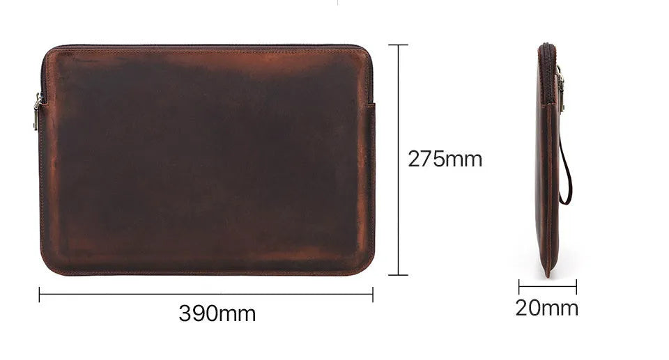 Retro crazy horse leather zipper computer bag for MacBook Pro 15.4/16 in coffee brown