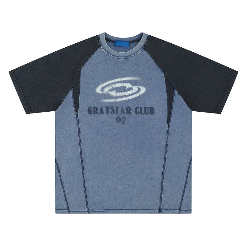 Blue hip hop letter print T-shirt with raglan sleeves on male model