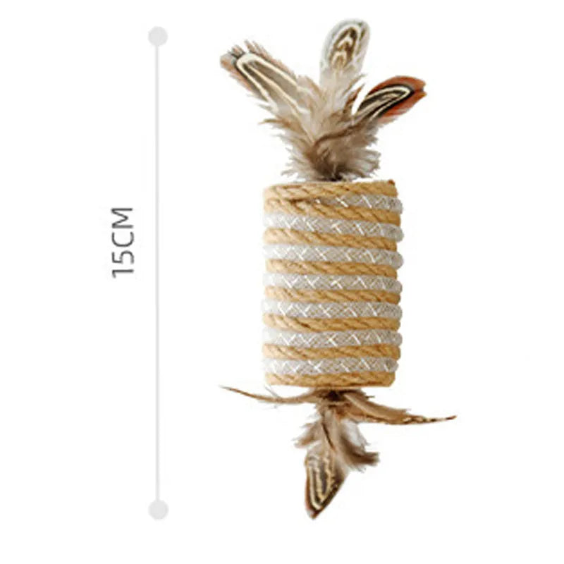 Beige interactive cat toy with hemp rope scratching post, colourful feathers, and a rolling sound mechanism.