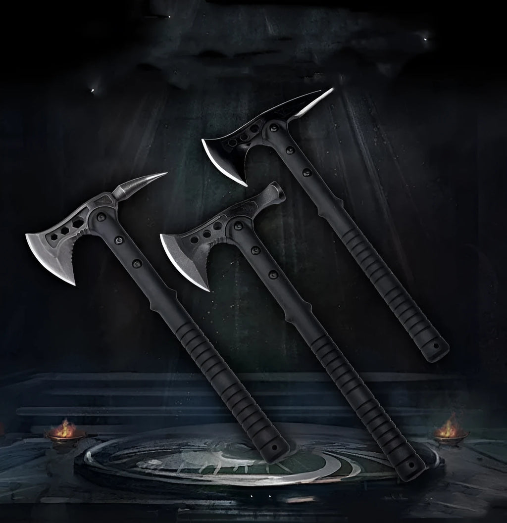 Multi-functional stainless steel camping axe with polypropylene handle and pointed tail blade