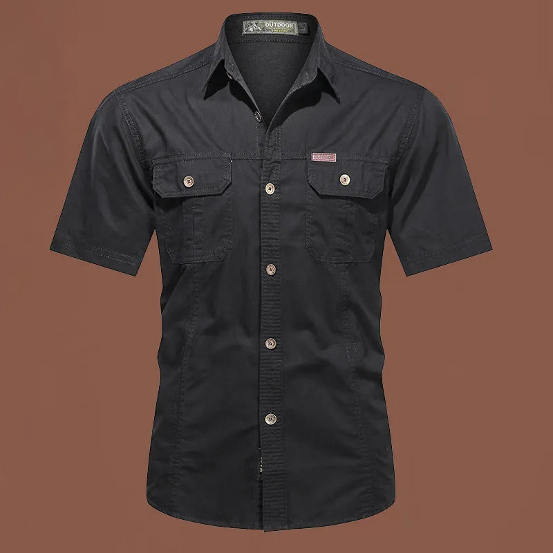 Men's loose beige cotton short sleeve cardigan-style work shirt on a hanger.