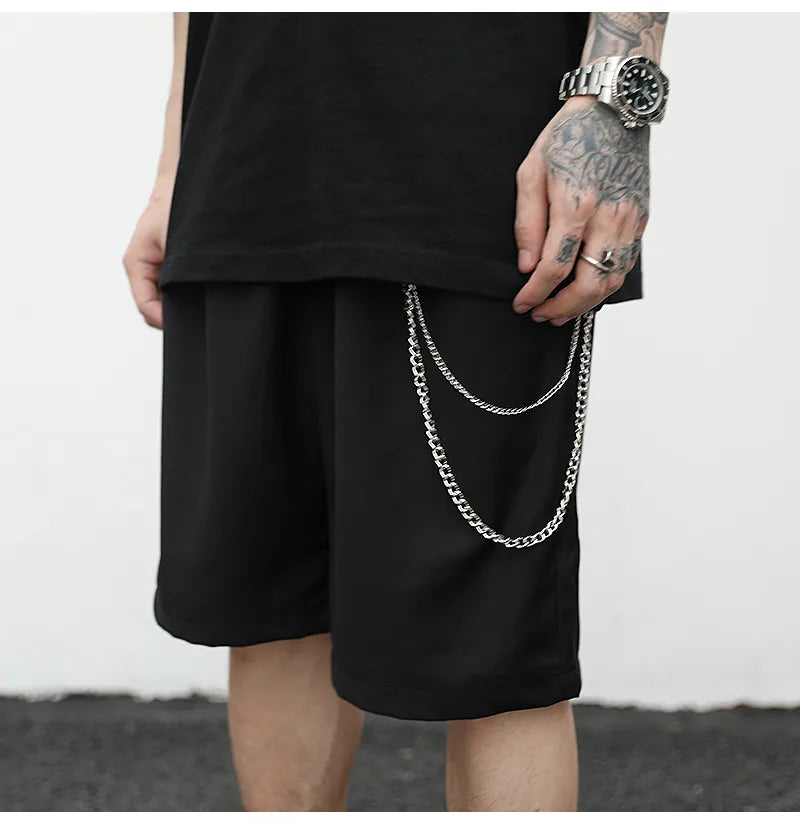 Black cotton trouser chain suit shorts for men with secure key chain, side view