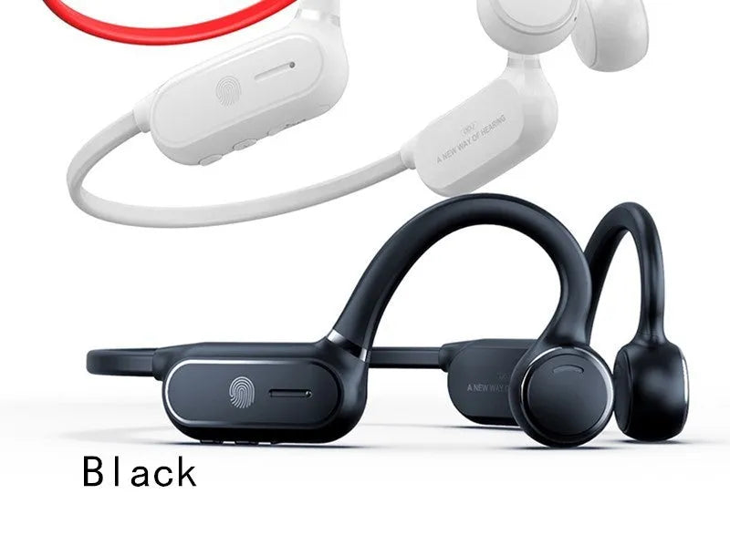 Black air conduction Bluetooth wireless earphone with a bendable titanium neckband and touch controls.