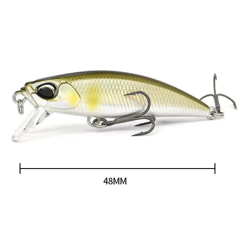 Tossing 48mm long, 6.5g sinking hard minnow fishing lure in multiple colour variations.