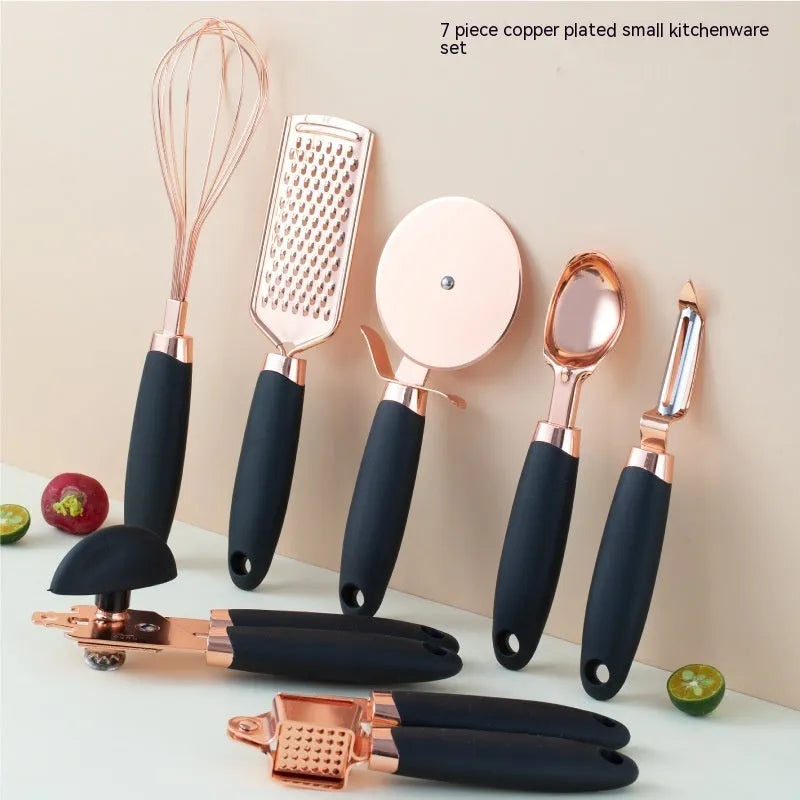 7-piece stainless steel kitchen utensil set with copper rose gold finish and cutlery rack in multiple colours