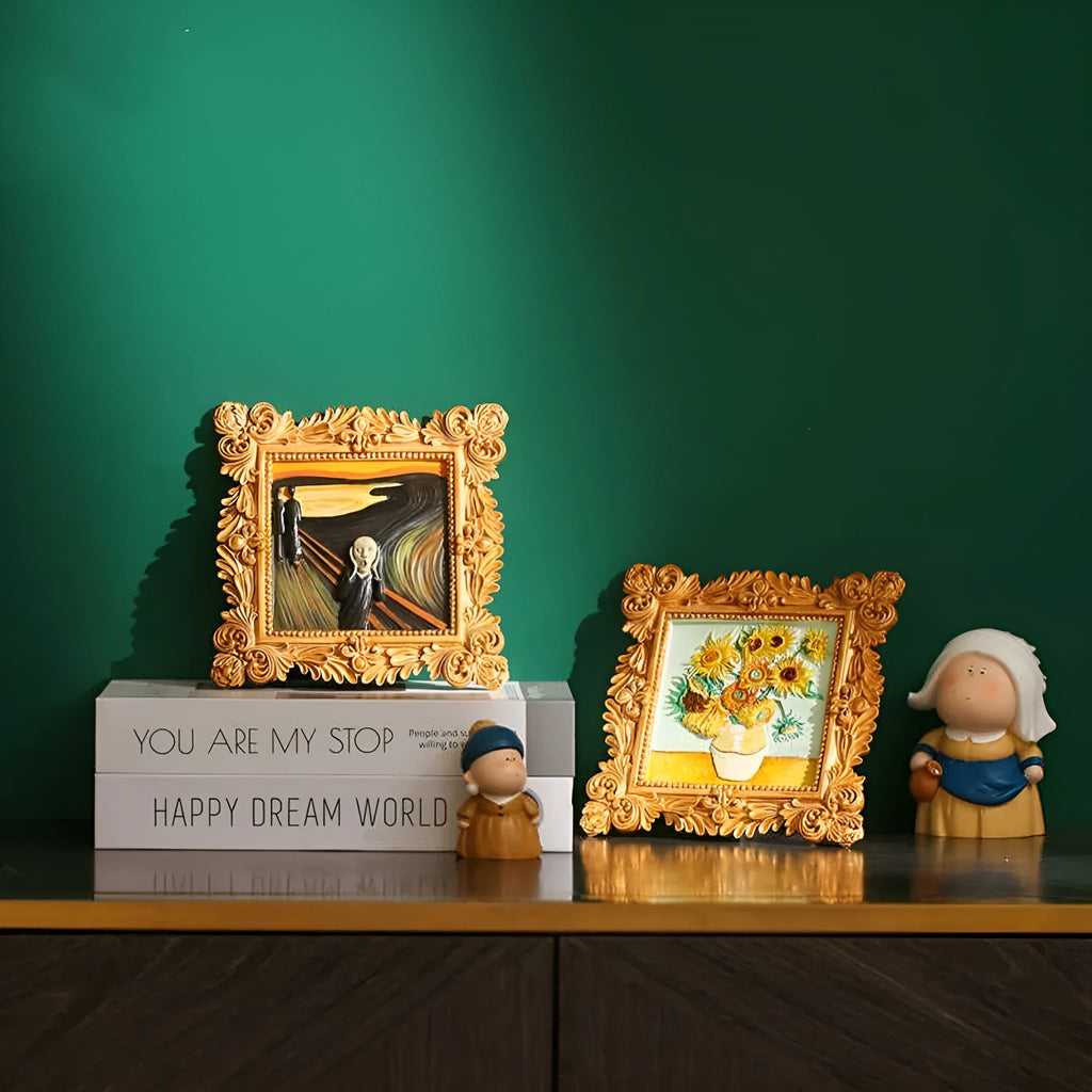 DIY paint-by-numbers kit showing canvas, acrylic paint pots, and brushes for recreating Van Gogh's Starry Night.