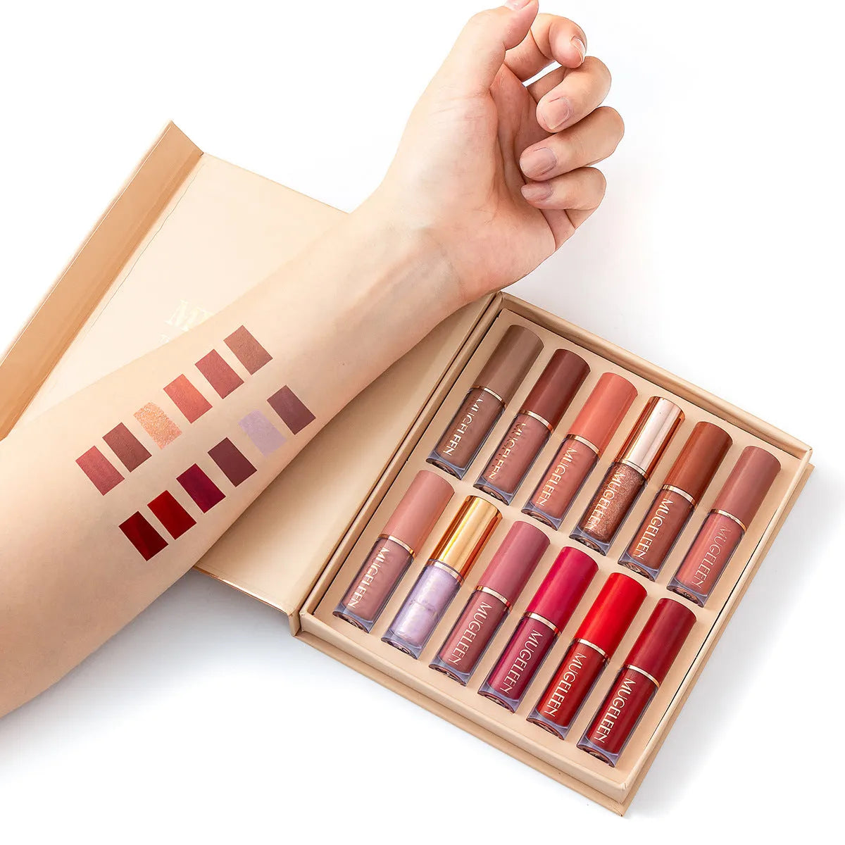 Matte shimmer lip glaze set with twelve transfer-resistant colours in neutral tones
