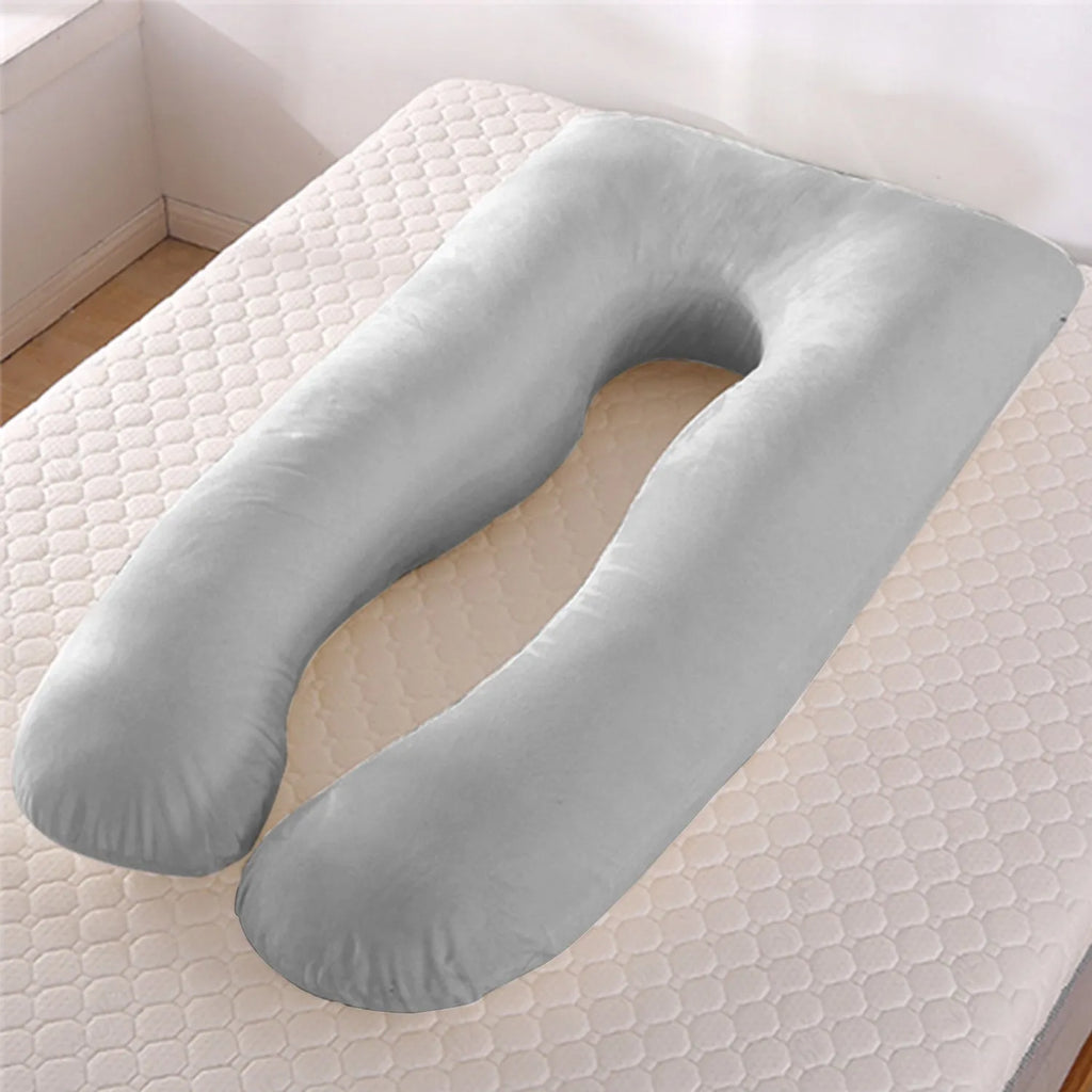 U-shaped maternity pillow with ice silk cover in green colour showing curved design for pregnancy support