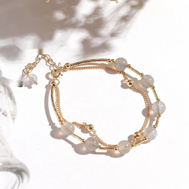 Korean style double-layer crystal bracelet with electroplated moonlight copper finish