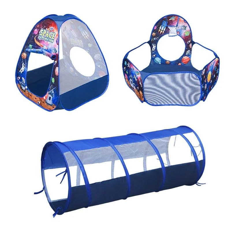 Three-in-one children's play tent set with inflatable ball pool and connecting tunnel in cartoon marine design