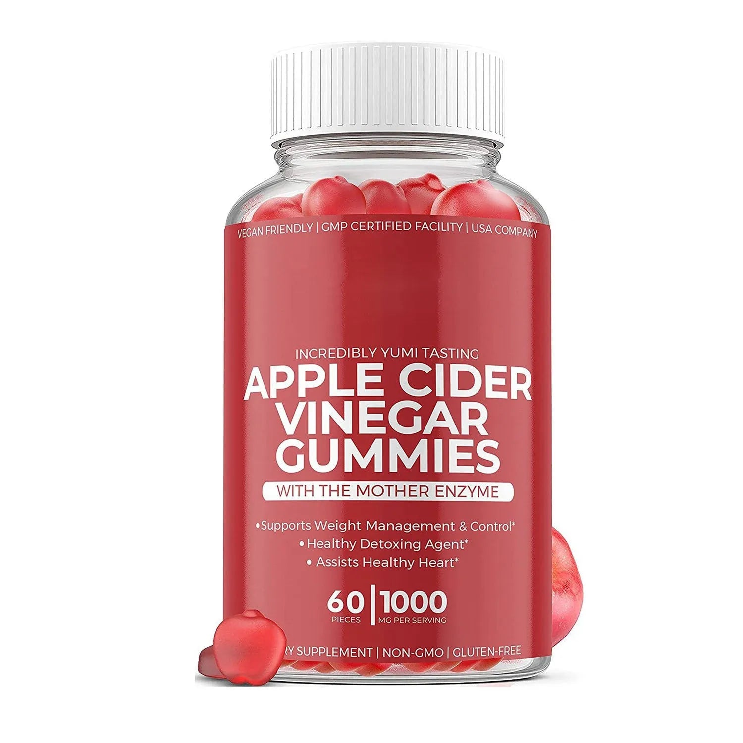 Bottle of 60 apple cider vinegar gummy supplements for adults