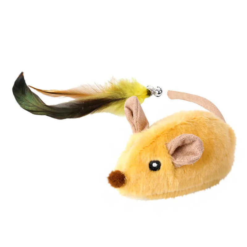 Grey plastic electric cat toy mouse with feather tail decoration and USB charging cable