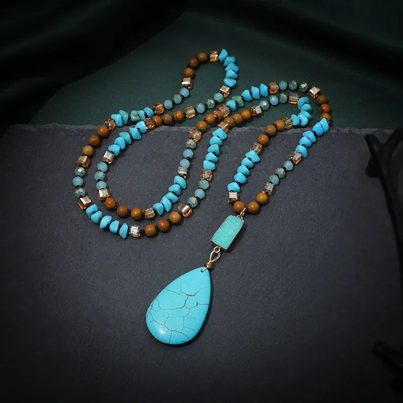 Blue turquoise imitation mineral pendant necklace with heart-shaped drop design on ball bead chain